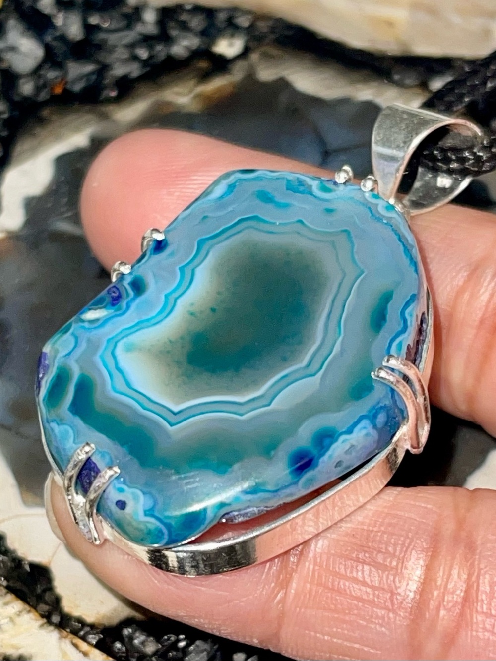 Smooth Blue Drusy Quartz Geode Pendant 2”